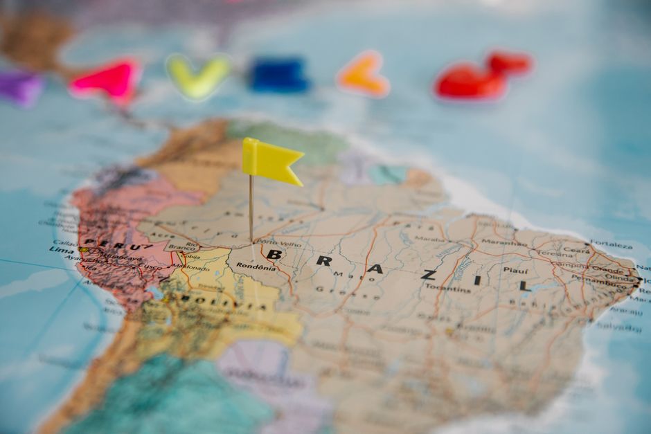 brazil — Detailed close-up map of South America highlighting Brazil with a yellow flag pin.