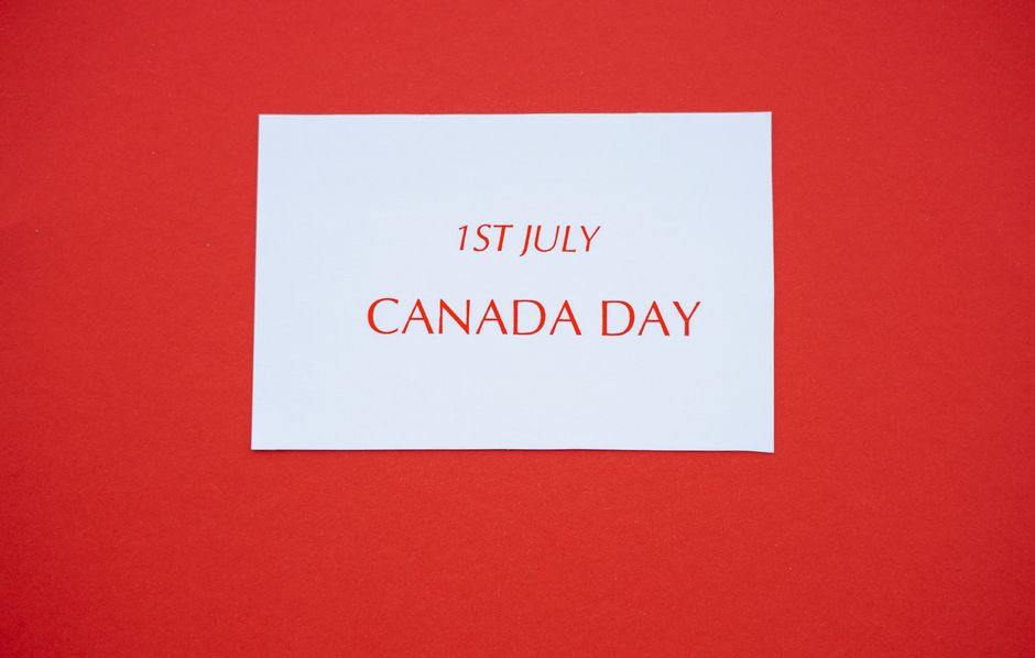 A white card with red text displaying '1st July Canada Day' on a red background.