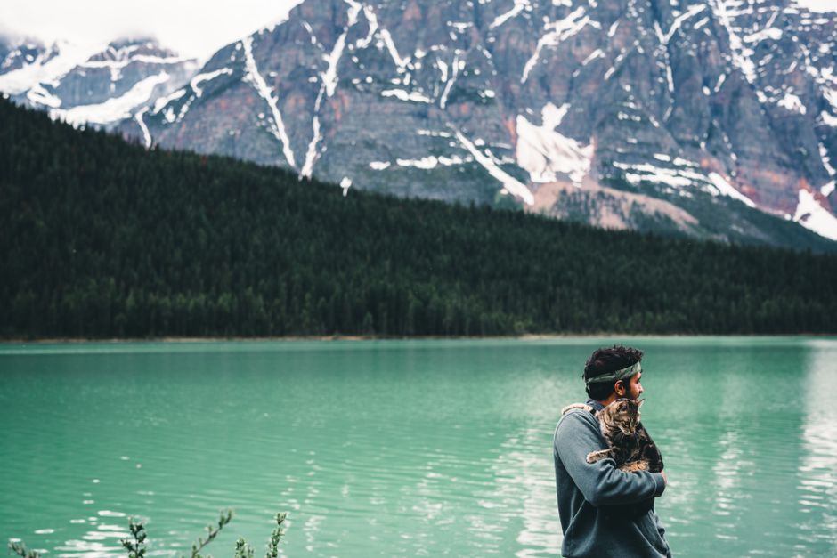 canada — A man holding a cat by a stunning lake in Jasper, Alberta, Canada with mountain backdrop.