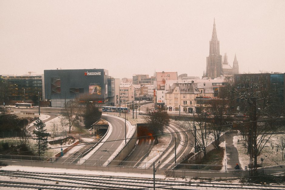 germany — Snowy urban landscape of Ulm featuring Ulm Minster in winter.