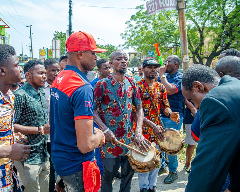 nigeria — Energetic street musicians performing traditional drumming in Lagos, Nigeria.