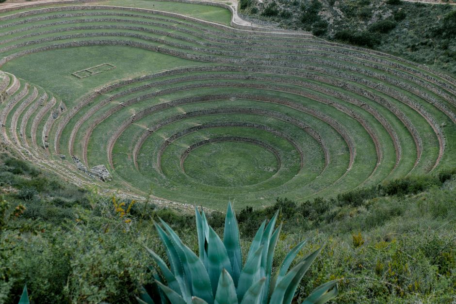 peru — Aerial view of ancient Incan agricultural terraces in Moray, Peru.