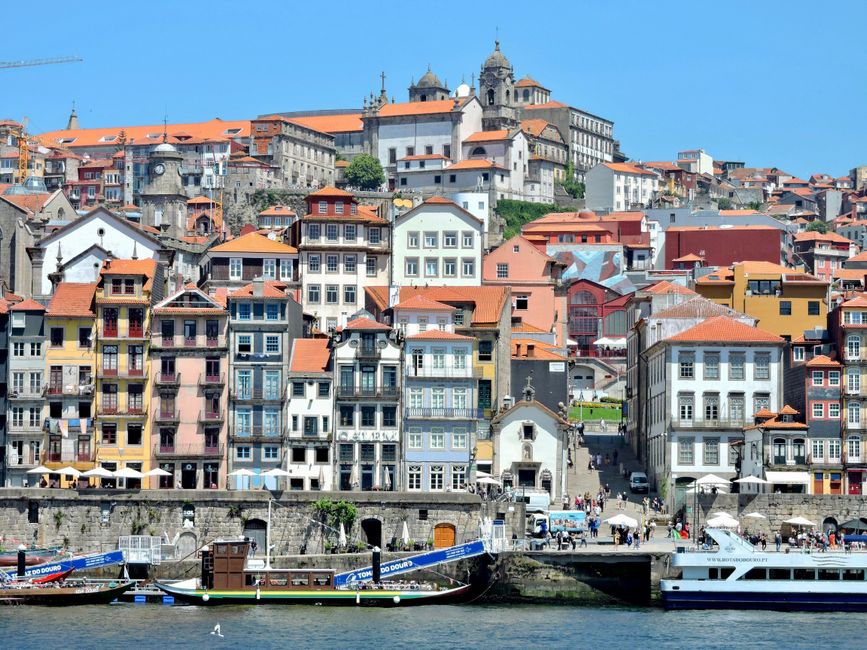 portugal — A vibrant view of the historic Ribeira District along the Douro River in Porto, Portugal.