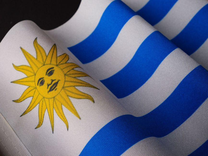 uruguay — Detailed view of the Uruguayan flag showcasing the sun emblem and blue stripes.