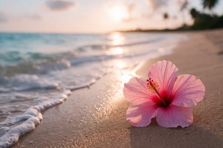 Pink hibiscus flower on a tropical beach at sunset with turquoise water