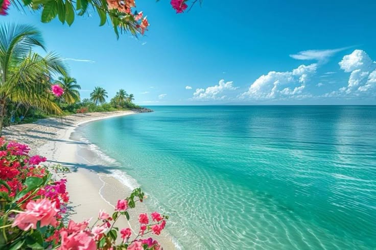 A sunlit tropical beach with turquoise water, white sand, palm trees and pink bougainvillea